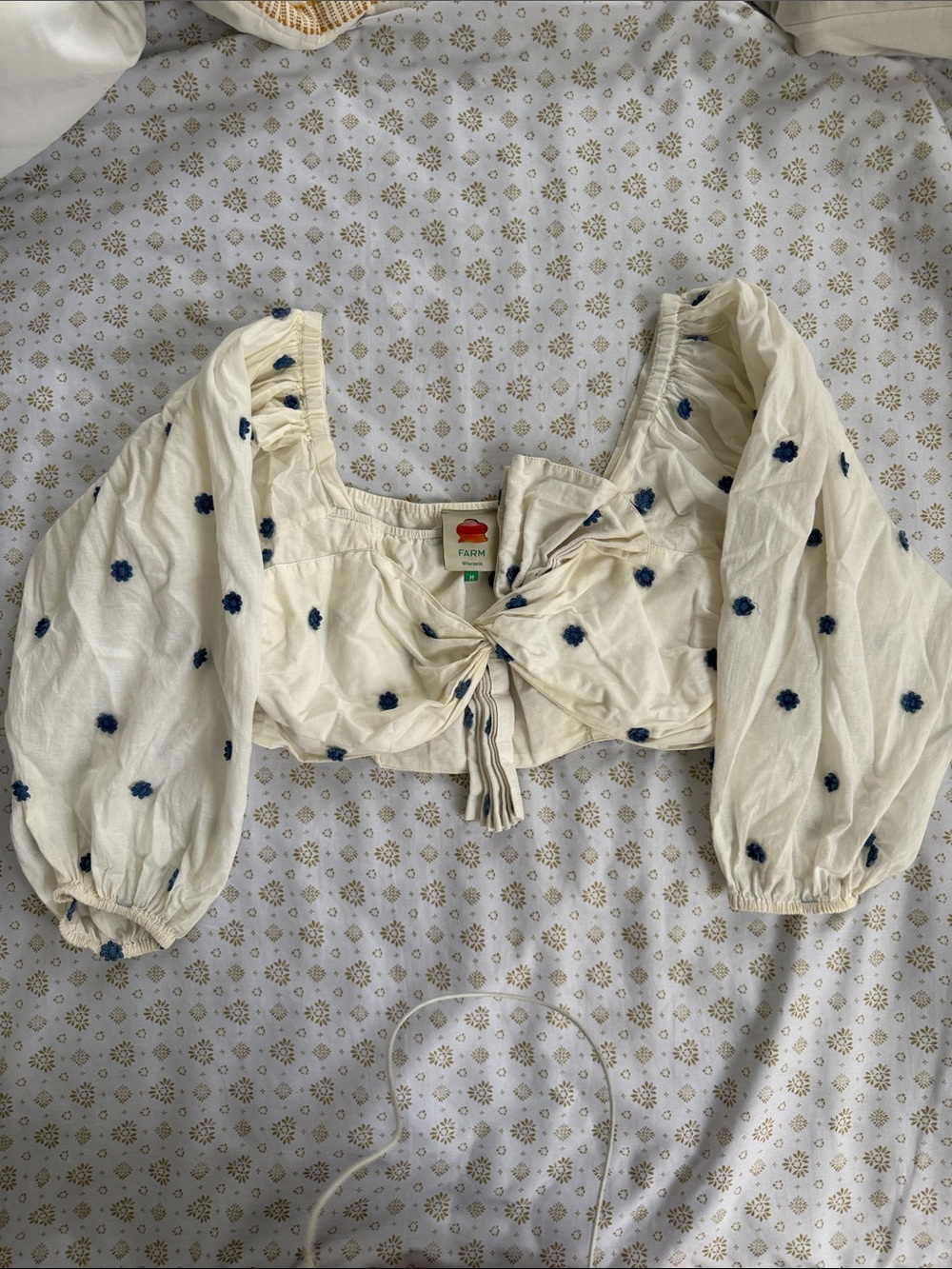 FARM Rio Cream Cropped Puff-Sleeve Top with Blue Embroidery
